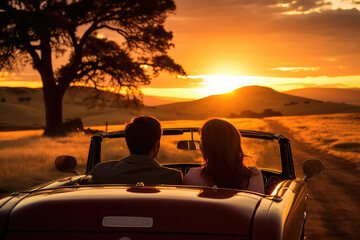 A couple in love riding in an open-top car at sunset. Man and woman, back view, traveling in a vintage car. Creative concept of a romantic tour for two.