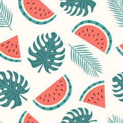 Poster - Seamless tropical pattern with watermelons, monstera