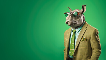 Cool looking rhino wearing funky fashion dress - jacket, shirt, tie, glasses. Wide banner with space for text at side. Stylish animal posing. Generative AI