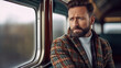 closeup of adult man with beard a, fictional place, thoughtful dramatic fictional, on train at window in rainy weather, escape or travel or commuting in everyday work life