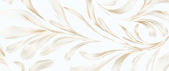 Wall Mural - luxury botanical art background with golden leaves hand drawn in aline art style. vector banner with
