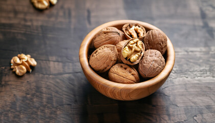 Poster - Walnuts on dark vintage table, Walnuts kernels in wooden bowl. Walnut healthy food