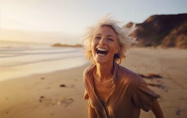 Wall Mural - Smiling mature woman at the beach, natural lifestyle, enjoying the sunny weather