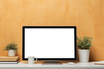 Minimalist Workspace Setup, Blank Screen Monitor Display Mockup on Cozy Desk, Perfect for Showcasing Apps and Websites. Generative AI