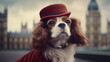 Cavalier king charles spaniel dog in bowler hat at London background