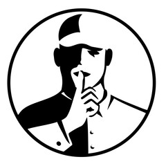 Wall Mural - Retro style illustration of a noise control officer with finger on mouth a universal gesture meaning hush, quiet or silence on isolated background done in black and white.
