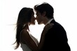 © SayLi - a beautiful heterosexual white european american couple kissing and looking in each others eyes. true romantic love. man and woman close to each other. isolated on white background. Generative AI