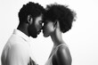 © SayLi - a beautiful heterosexual black afro-american couple kissing and looking in each others eyes. true romantic love. man and woman close to each other. isolated on white background. Generative AI