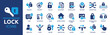 Lock icon set. Containing padlock, security, unlock, lock document, secured, biometric, chain, protect and secure icons. Solid icon collection. Vector illustration.