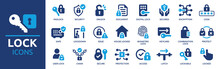 Lock Icon Set. Containing Padlock, Security, Unlock, Lock Document, Secured, Biometric, Chain, Protect And Secure Icons. Solid Icon Collection. Vector Illustration.