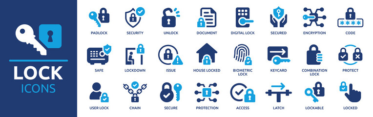 lock icon set. containing padlock, security, unlock, lock document, secured, biometric, chain, prote