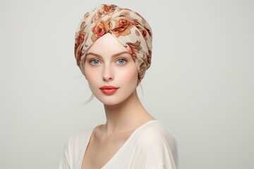 a beautiful white european french model wearing a trendy fashionable headscarf. perfect for a magazine cover and ads. isolated on white background. looking straight forward in camera. Generative AI