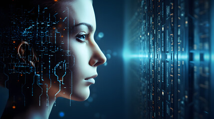 Woman face side view in artificial intelligence hologram against advanced AI technology background