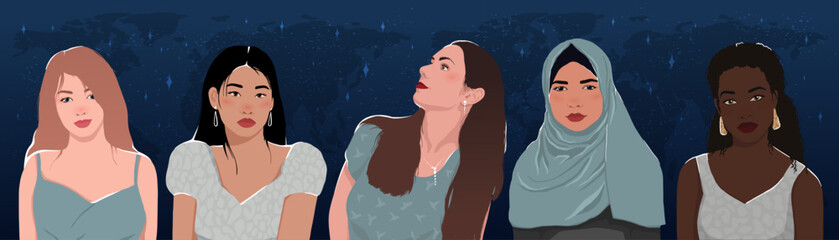 Wall Mural - Pretty diverse women and night stars sky. A flat modern vector illustration for posters, magazine covers, books, and cards.