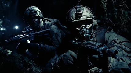 Wall Mural - Covert Operation A Photo of Two Special Forces Operatives Executing a Nighttime Mission in a Forest AI Generated