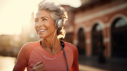 A healthy senior woman is jogging for exercise in the morning sunrise.