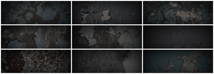 set of dark panoramic background textures. collection of wide textures with peeling paint, cracks, r