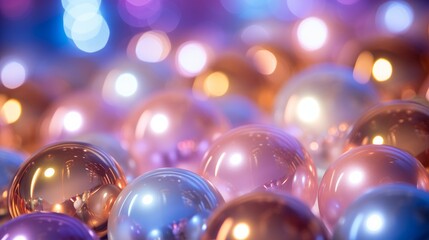 Wall Mural - colorful christmas balls tree decoration with bokeh circles from reflecting light on a glass ground. holiday wallpaper background for wrapping gifts. new year celebration. 