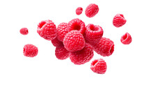 Set Of Raspberry Floating Isolated On White Background, Transparent Background