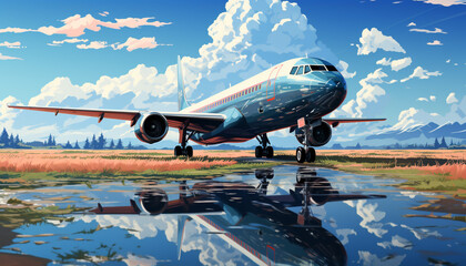 Wall Mural - shiny pixel art an airplane landing ultra detailed hyper realistic modern wallpaper.Generative Ai content