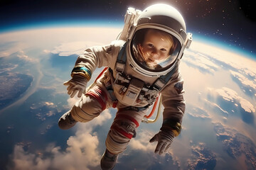 young boy astronaut spacewalking, above earth in orbit