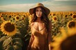 Ethereal portrait of a solitary woman in vibrant sunflower field, epitomizing freedom, tranquility, and connection to nature.