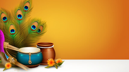 Happy Krishna Janmashtami background with pots, bansuri and peacock feathers. Copy space. Religious Hindu festival vector illustration of Lord Krishna