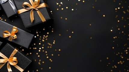 black gift boxes arranged on dark background, black friday discounts concept