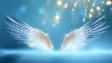 Beautiful Guardian Angel Wings In Sacred Light, Background Is Blue Sky. Religion And Spiritual Concept.