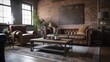 Living room decor, home interior design . Industrial Rustic style with Exposed Brick Wall decorated with Metal and Wood material . Generative AI AIG26.