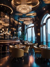 Illustration Of A Stunning Chandelier Illuminating A Beautifully Designed Restaurant Interior