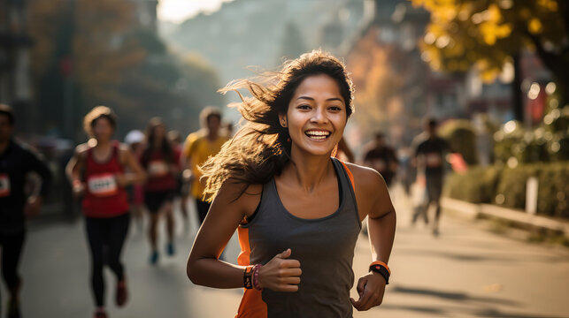 A healthy woman with a beautiful smile enjoys trail running in nature, participating in a marathon or triathlon.