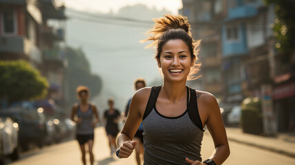 Wall Mural - healthy woman with beautiful smile. trail running, marathon, triathlon running, outdoor nature. generative ai