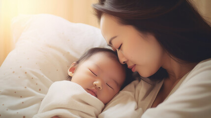 Wall Mural - Close up portrait of beautiful young asian caucasian mother day girl kissing healthy newborn baby sleep in bed with copy space. Healthcare and medical love asia woman lifestyle mother's day concept