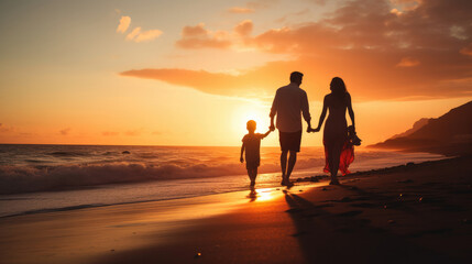 Wall Mural - Happy family holidays. Joyful father, mother, baby son walk with fun along edge of sunset sea surf on black sand beach. Active parents and people outdoor activity on summer vacations with children.