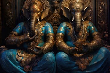 the ganeshas are pictured in their sitting pose, with gold plated hands & arms. beautiful Generative AI AIG32