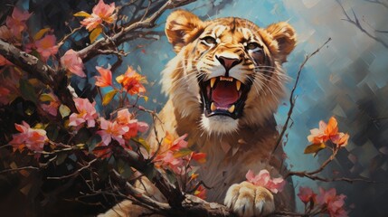 Wall Mural - Tiger in the jungle with fantasy flowers and colorful butterflies background. Generative AI