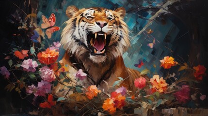 Wall Mural - Tiger in the jungle with fantasy flowers and colorful butterflies background. Generative AI