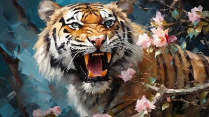 Wall Mural - Tiger in the jungle with fantasy flowers and colorful butterflies background. Generative AI