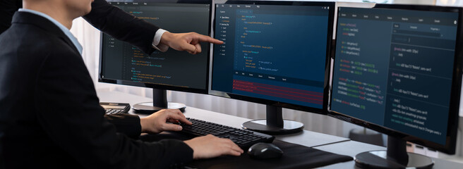 Wall Mural - software development team working together in office, coding script display on computer monitor. pro