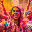 © MaskaRad - Holi Festival. Portrait of indian girl with powder paint on dress, Illustration, AI generation.