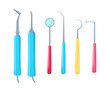 © Bro Vector - Tools for dental procedures vector illustrations set. Collection of drawings of dentist equipment, excavator, dental mirror and drill, filling instrument. Dentistry, dental care, healthcare concept