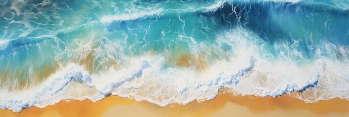 Wall Mural - Aerial view drone over beach sea background. Beautiful sea waves. Beach sand and amazing sea wallpaper banner. Generative AI