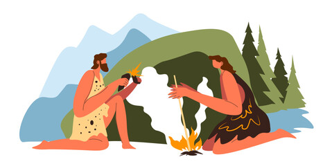 Wall Mural - Man and woman making fire, prehistoric scenery