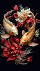 Traditional Chinese Koi with beautiful golden color and delicate patterns,an illustration of two koi fish on a black background,koi fish,koi fish in pond