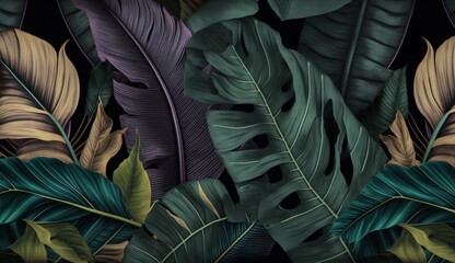 Wall Mural - Tropical exotic seamless pattern with dark color vintage banana leaves, palm and colocasia. Hand-drawn 3D illustration. Good for production wallpapers, gift paper, cloth, fabric printing, Generative A