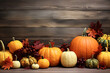 canvas print picture - A colorful display of pumpkins, pumpkins and leaves sitting in a row on wooden background. Space for text. Generative AI.