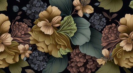 Wall Mural - Floral seamless pattern with vintage hydrangea flowers, leaves, fireflies. Luxury 3d illustration. Premium wallpaper. Glamorous art. Bronze texture, dark background. Fabric printing, Generative AI