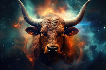 Wall Mural - Astrology calendar. Taurus magical zodiac sign astrology. Esoteric horoscope and fortune telling concept. Taurus zodiac in universe. Generative Ai
