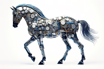 Wall Mural - A horse made of electronic machinery on a white background. Wildlife Animals. illustration. Generative AI.